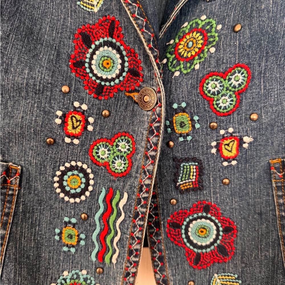 Ruby Rd. Blue Denim Jacket with Multicolor Embroidery - Picture 5 of 7